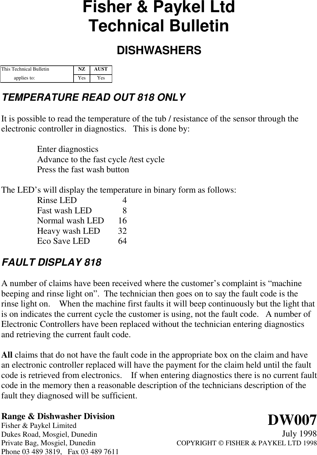 TB DW007 Fisher & Paykel Dishwashers