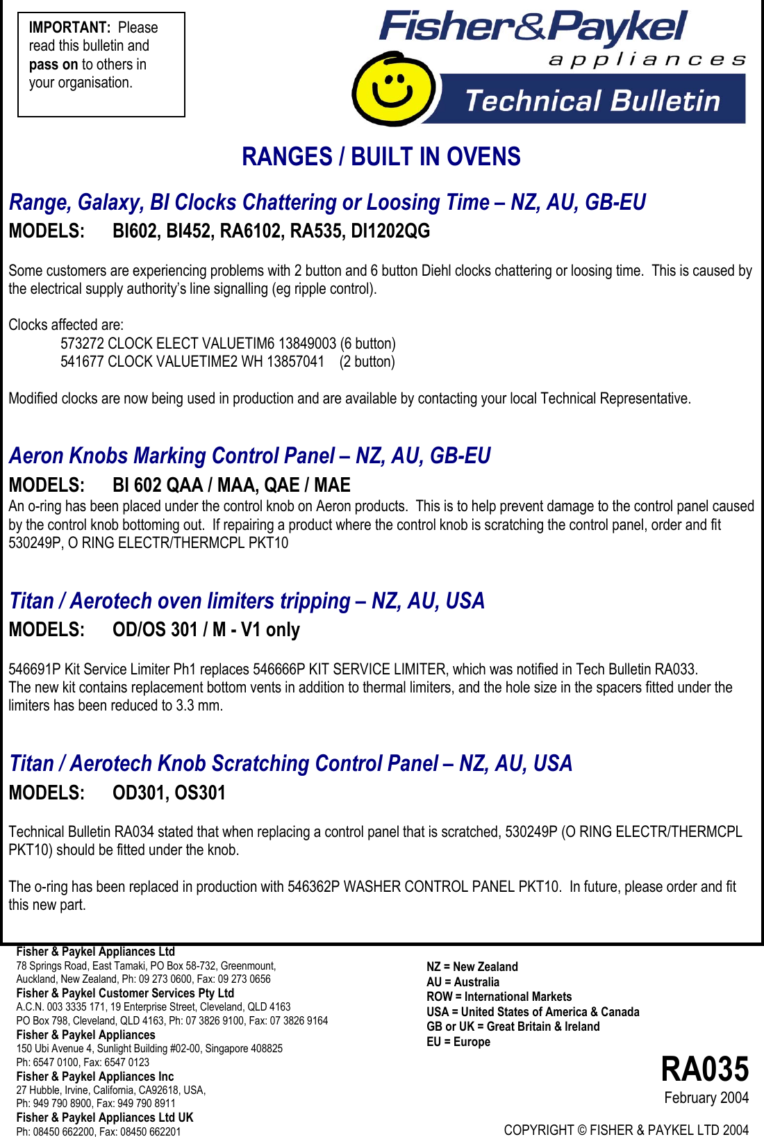Page 1 of 1 - Tbra035  Fisher & Paykel Ranges And Built-In Ovens BI602, BI452, RA6102, RA535, DI1202QG
