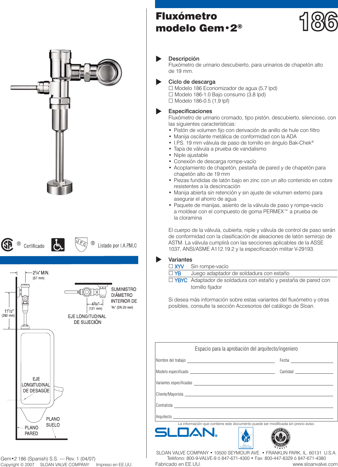Page 1 of 1 - Especificaciones Del Gem 2 186 Fluxometro-orinal-expuesto-de-palanca-sloan-cromo-ficha-tecnica-707200001-1