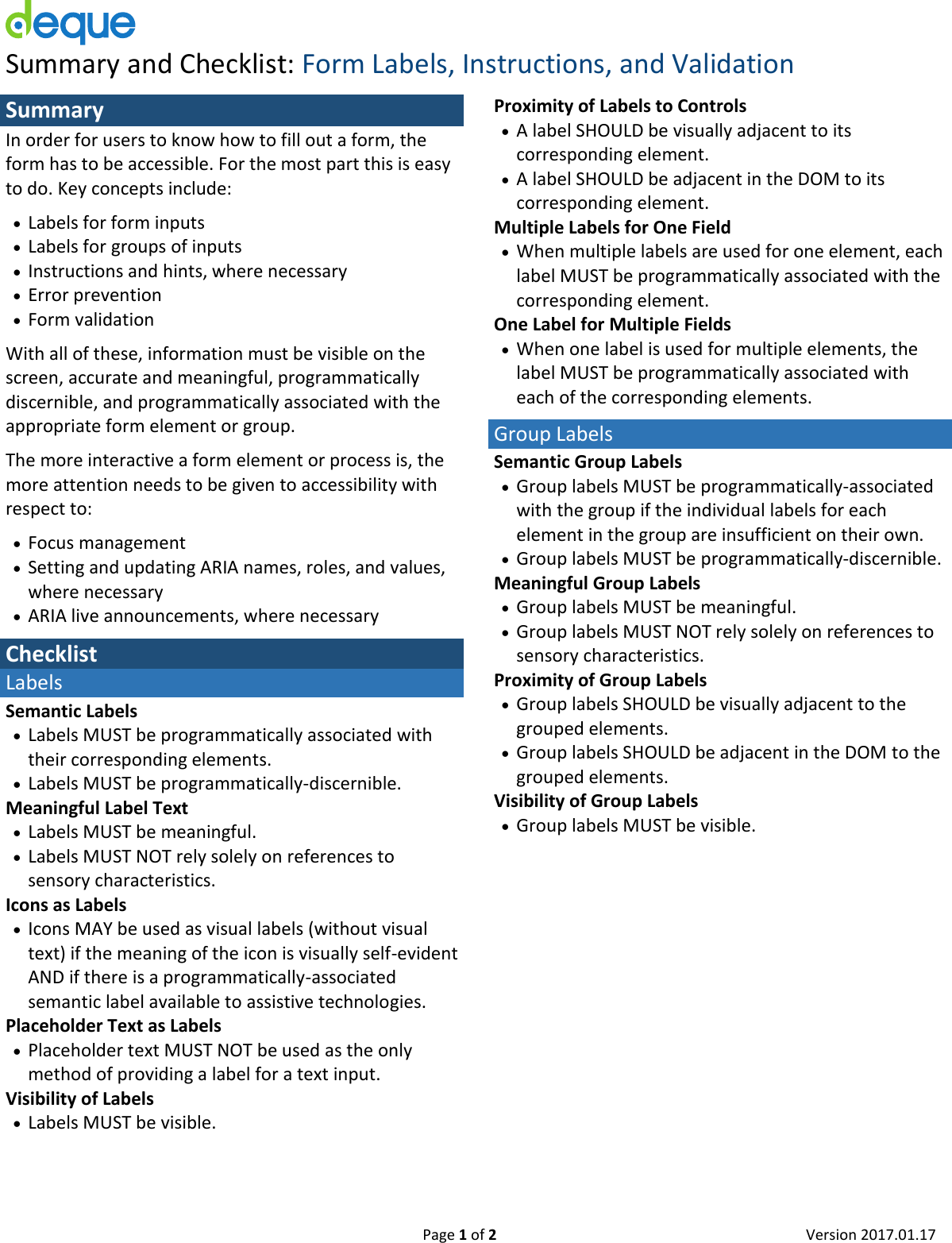 Page 1 of 2 - Deque Summary And Checklist: Form Labels, Instructions, Validation - Design Checklist