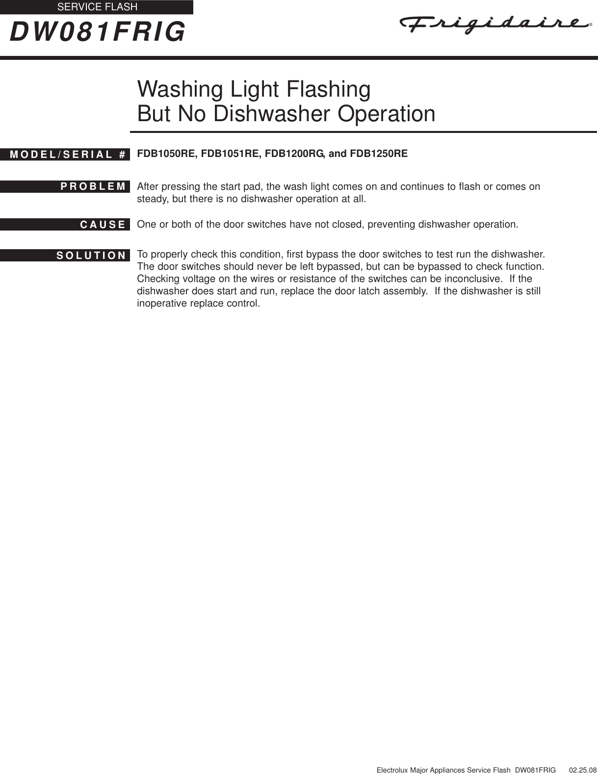 Page 1 of 1 - Service Flash DW081FRIG.qxp  Frigidaire Dishwasher FDB1050RE