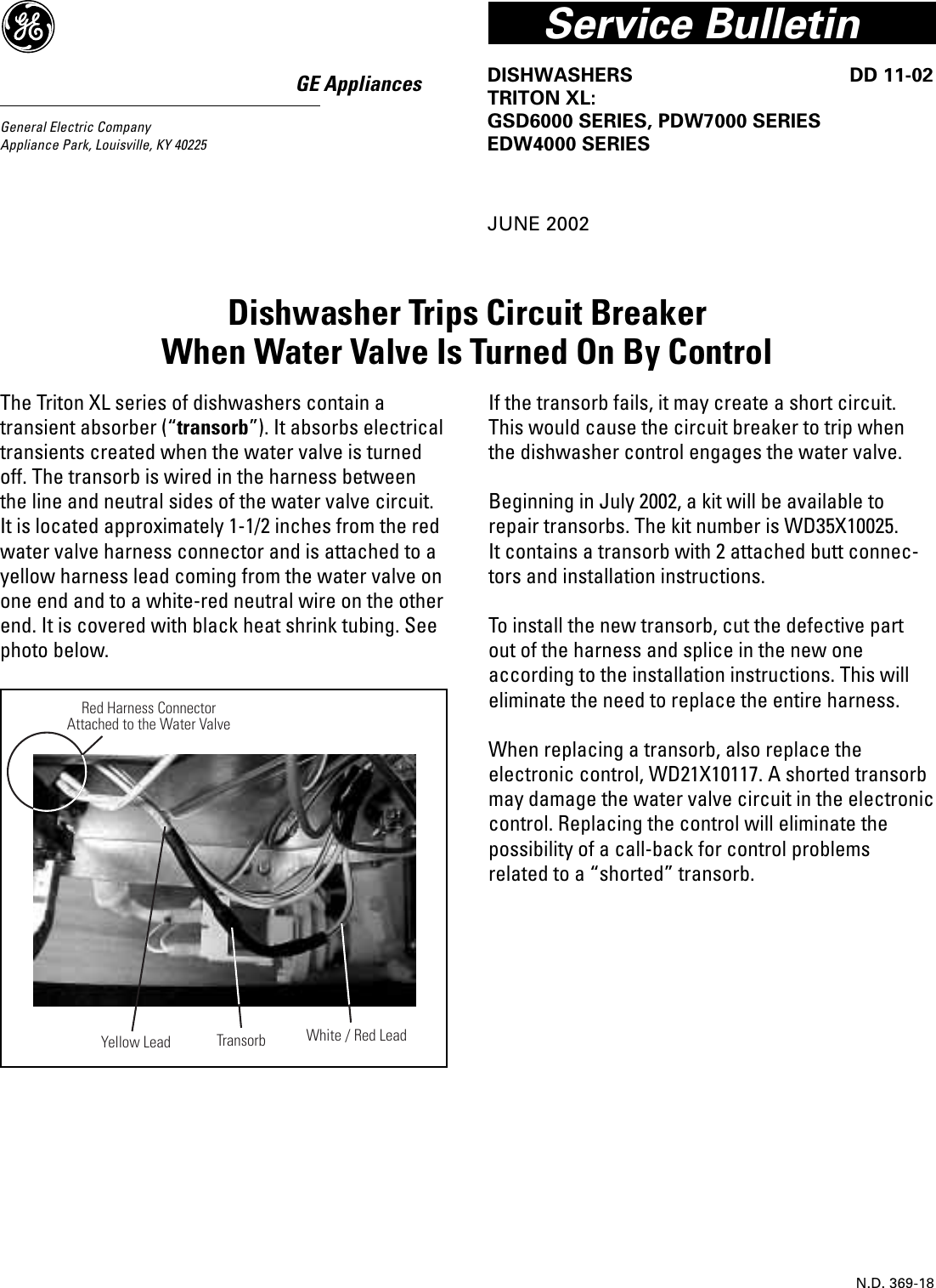 Page 1 of 1 - TRB26PPDA  GE Dishwasher Transorb Bulletin