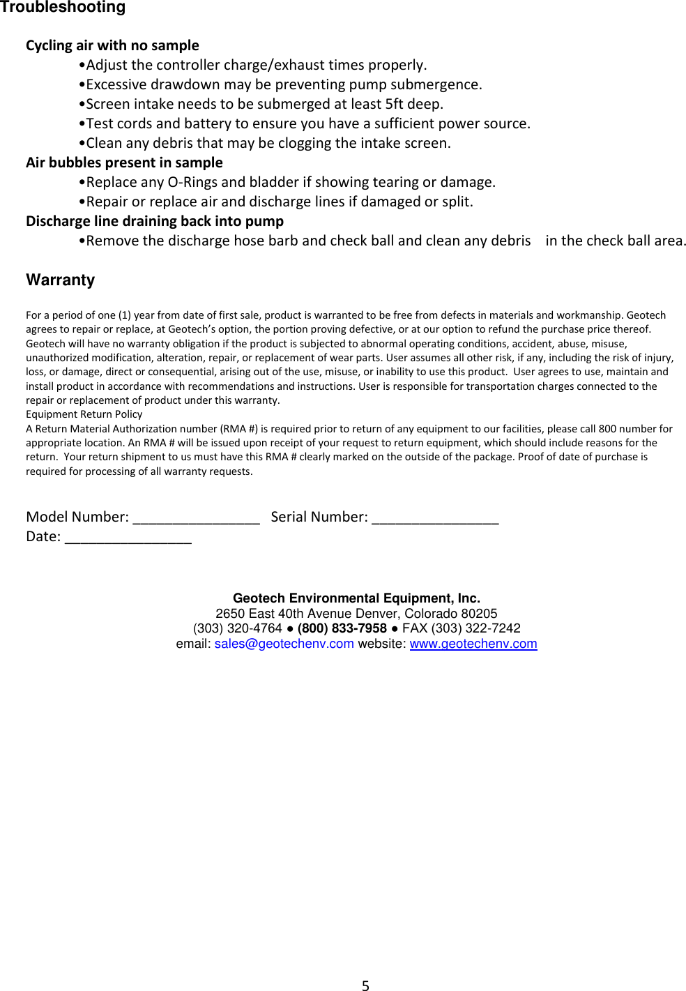 Page 6 of 6 - Geotech PVC Bladder Pumps 18 & 36” Installation And Operations Manual Pump