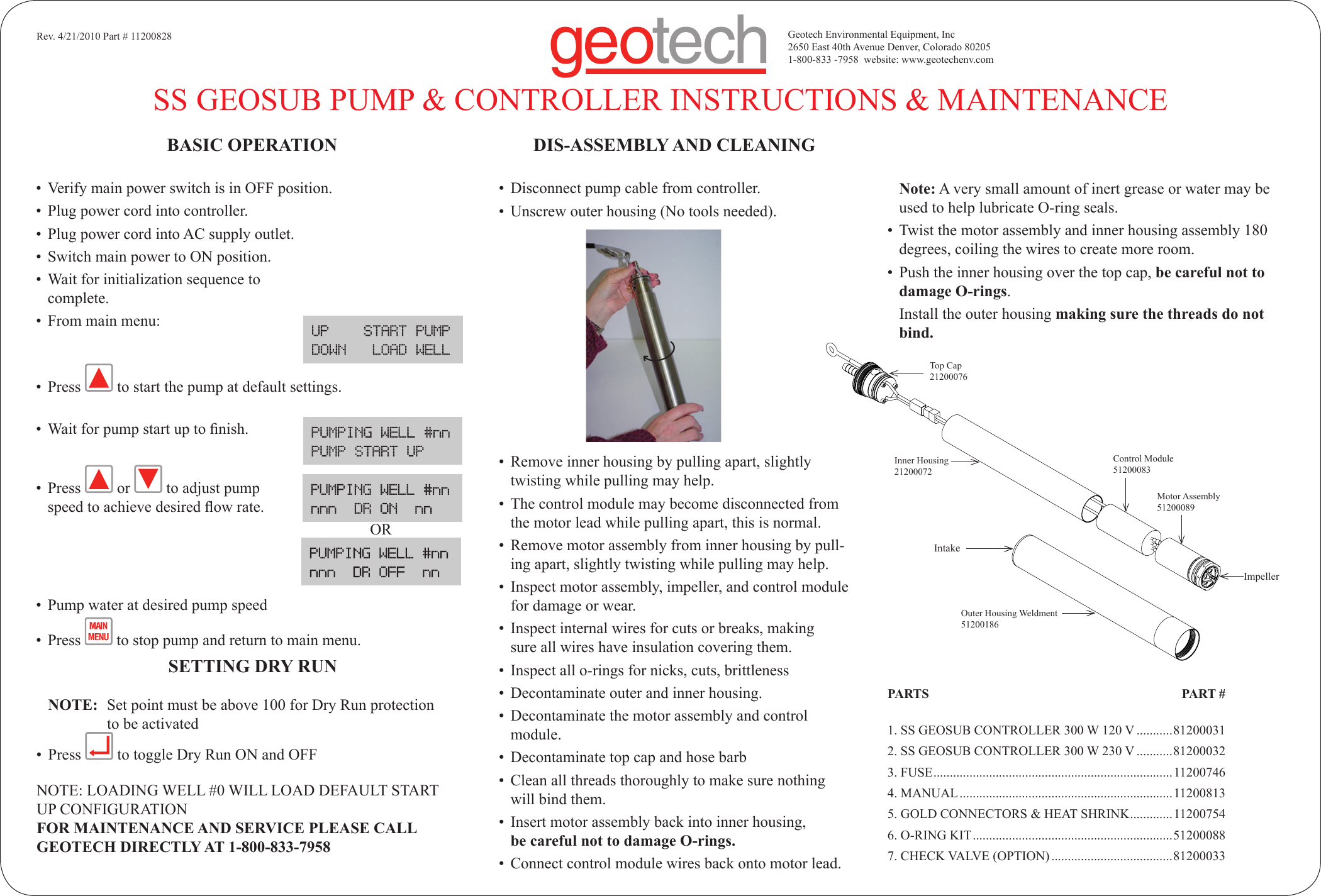 Page 1 of 1 - SS GEOSUB PUMP & CONTROLLER INSTRUCTIONS MAINTENANCE Geotech And AC Quick Start Guide