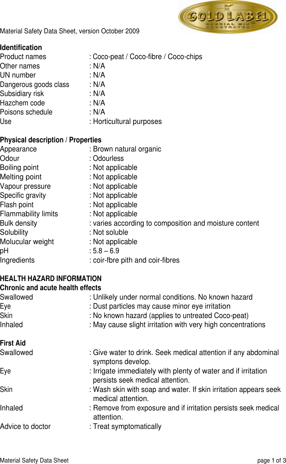 Page 1 of 3 - Material Safety Data Sheet Cocos EN Gold Labelx Gold-Label-Coco MSDS
