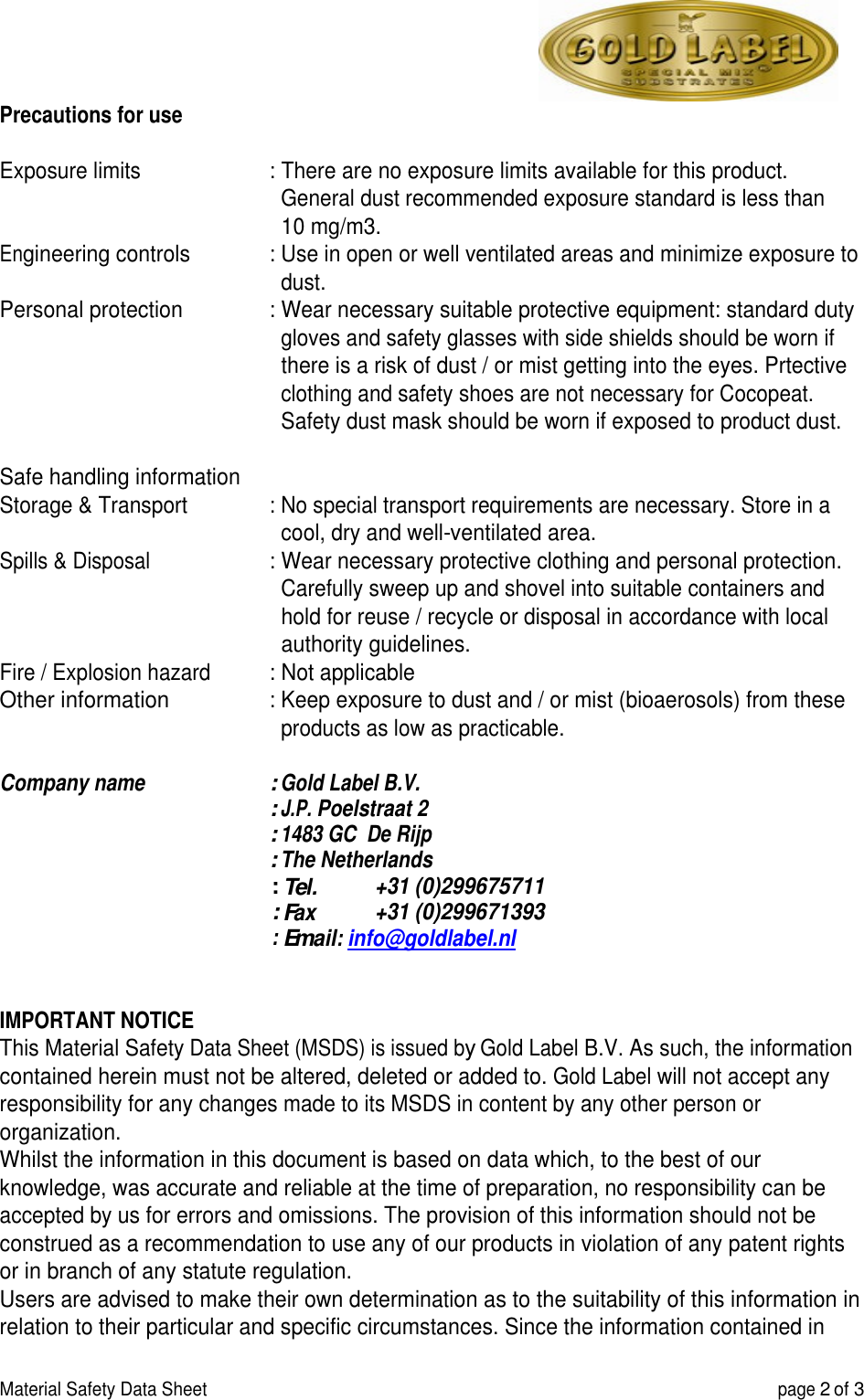 Page 2 of 3 - Material Safety Data Sheet Cocos EN Gold Labelx Gold-Label-Coco MSDS