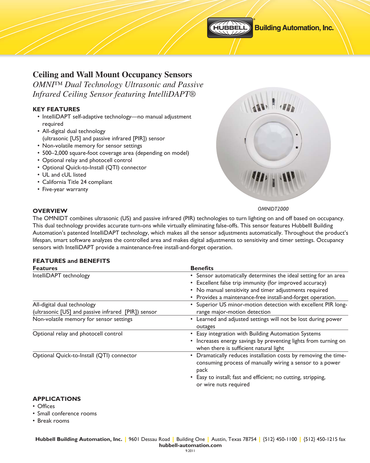 2000-Square-foot Range Hubbell Building Automation OMNIDT2000 Digital Passive Infrared and Ultrasonic Ceiling Occupancy Sensor