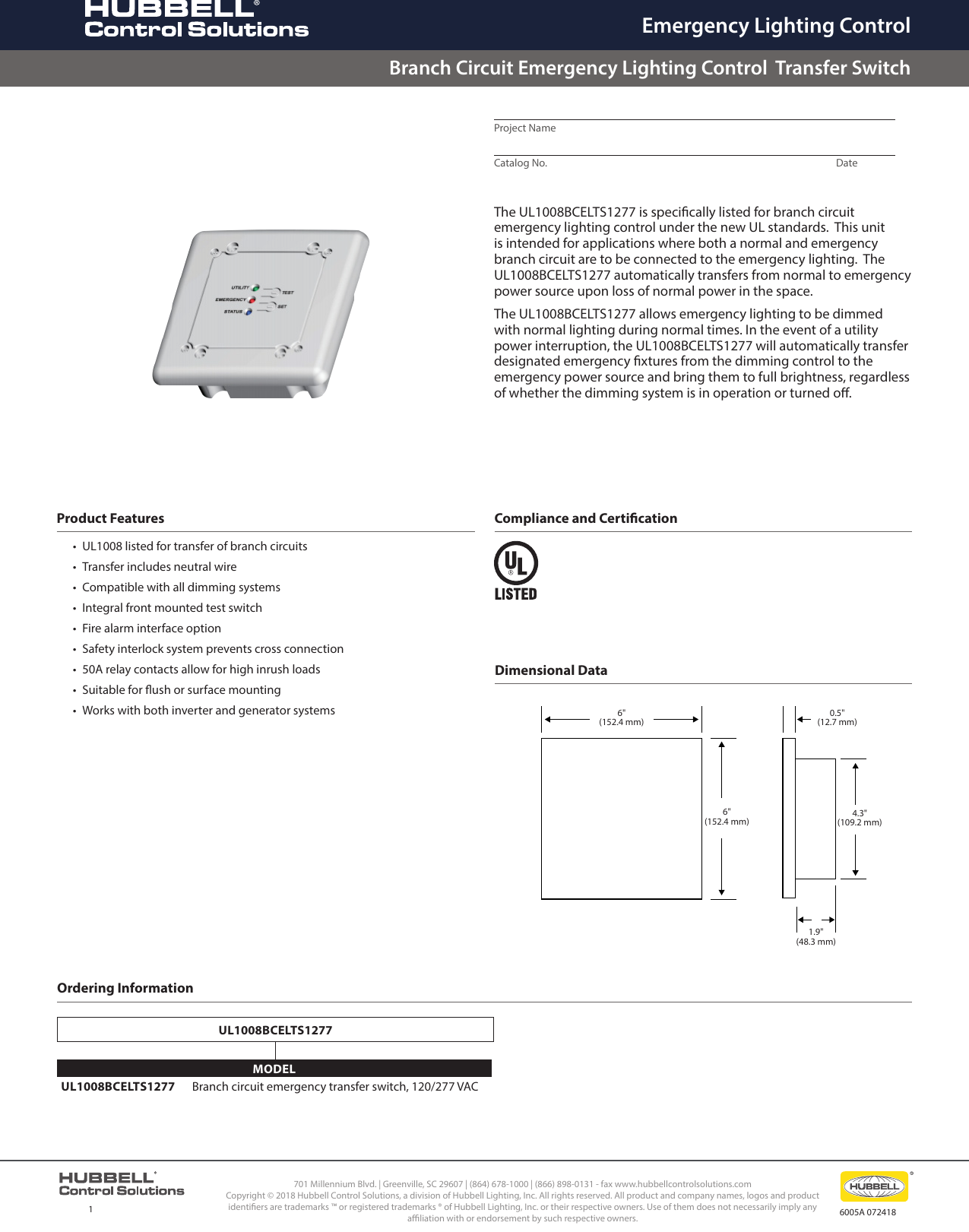 Page 1 of 2 - HCS UL1008BCELTS1277 Spec Sheet