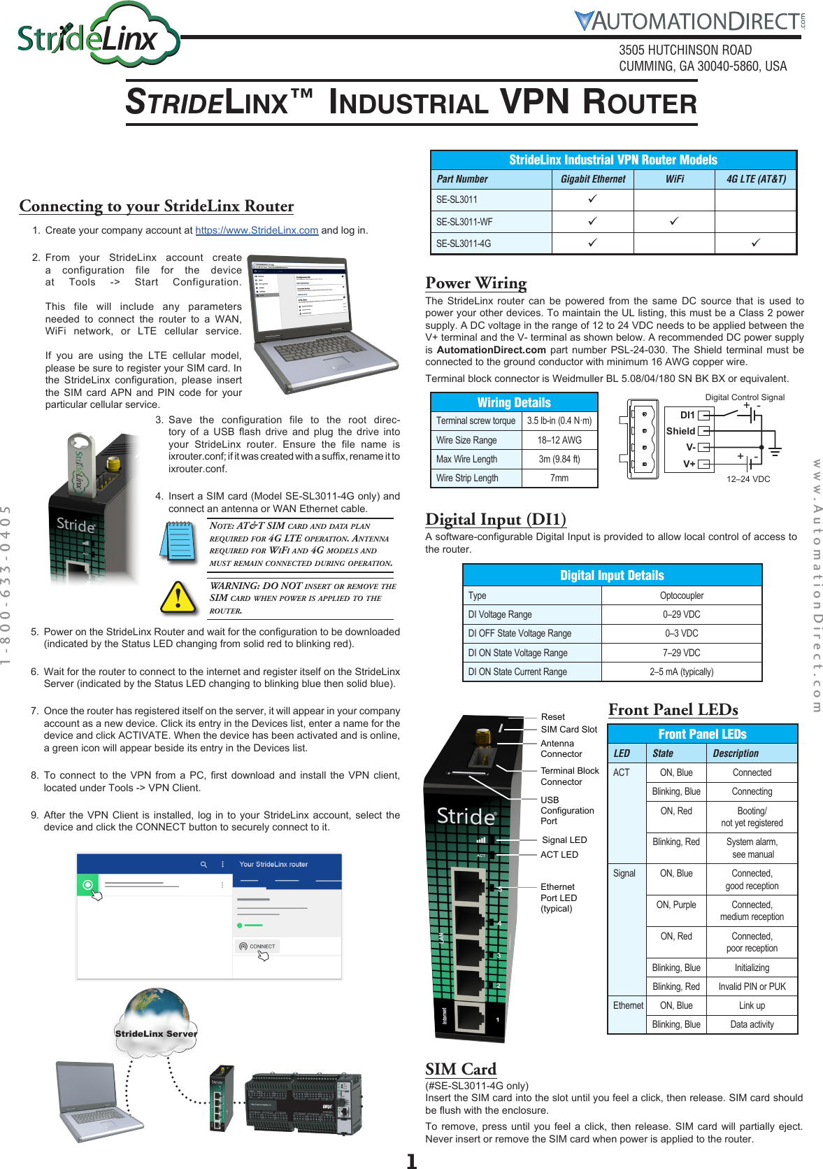 Page 1 of 2 - StrideLinx Industrial VPN Router SE-SL3011, SE-SL3011-WF, SE-SL3011-4G Insert Slvpnrt Fin 040218