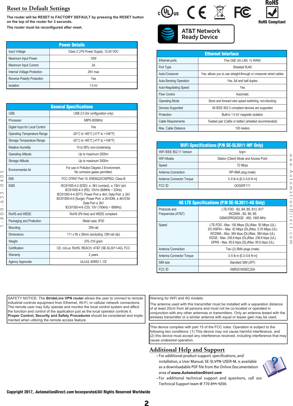 Page 2 of 2 - StrideLinx Industrial VPN Router SE-SL3011, SE-SL3011-WF, SE-SL3011-4G Insert Slvpnrt Fin 040218