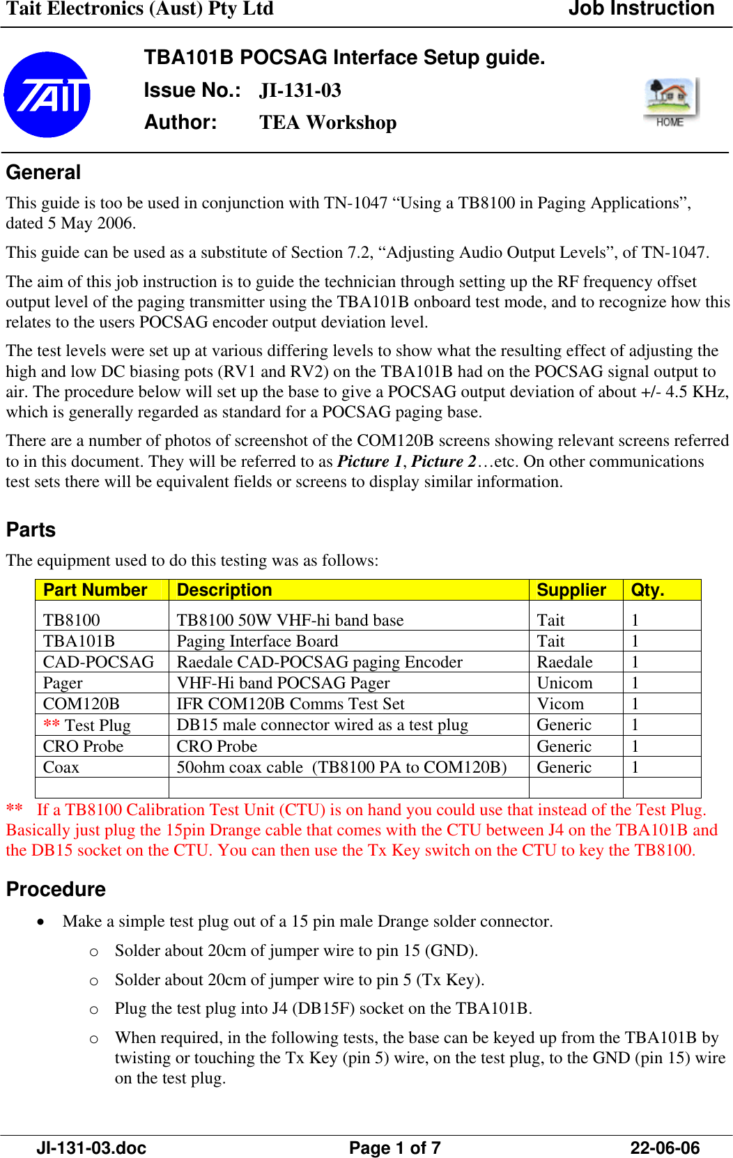 Page 1 of 7 - JI-131-03 TB8100 Tech Notes/Job Instructions/JI-131-03 POCSAG Paging Setup Guide
