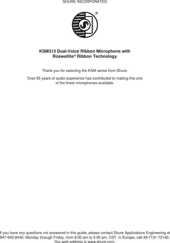 Page 3 of 10 - Shure KSM313 Dual-Voice Ribbon Microphone User Guide KSM313_guide_en-US En-US