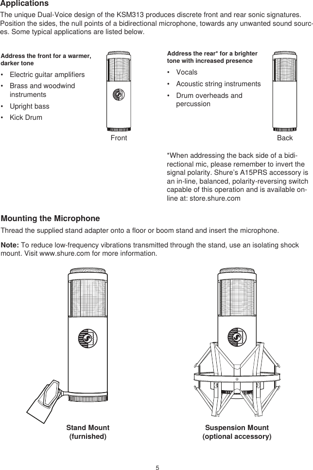 Page 5 of 10 - Shure KSM313 Dual-Voice Ribbon Microphone User Guide KSM313_guide_en-US En-US