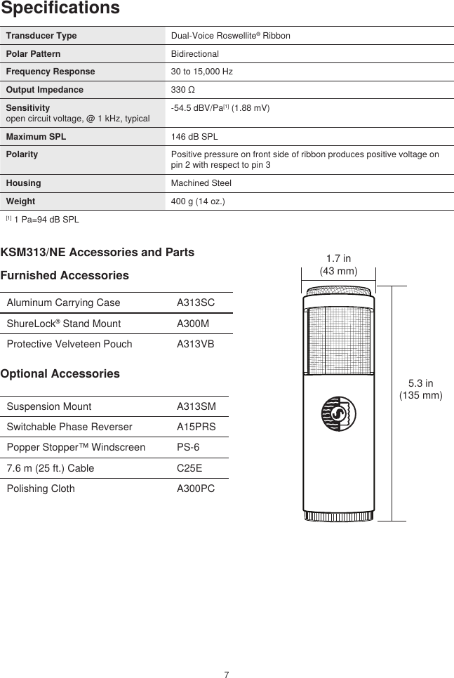 Page 7 of 10 - Shure KSM313 Dual-Voice Ribbon Microphone User Guide KSM313_guide_en-US En-US
