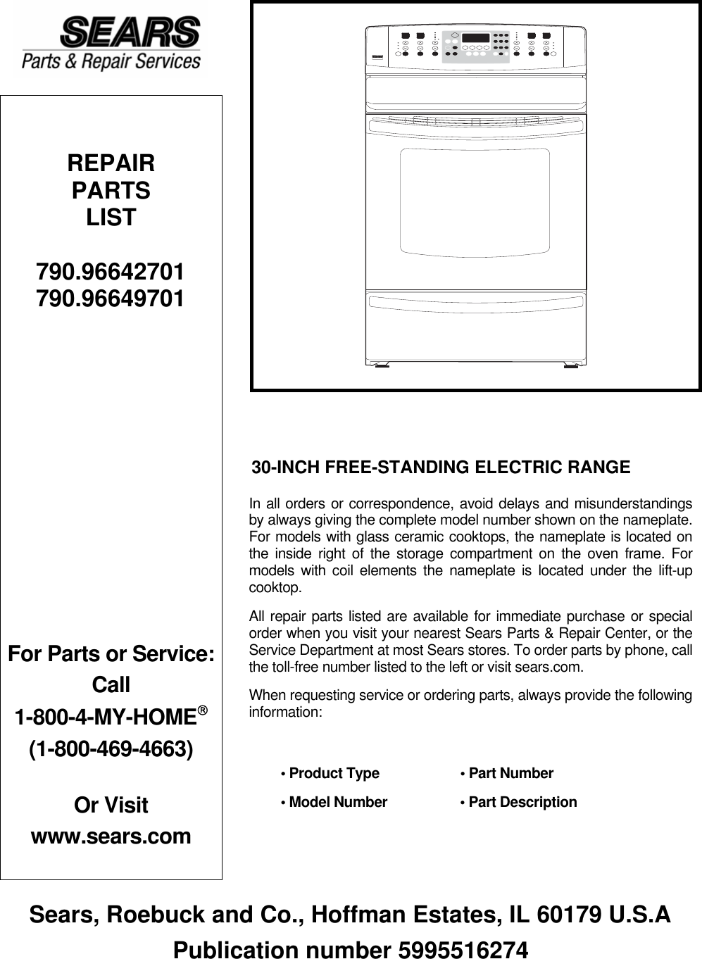 5995516274 Kenmore Frigidaire Electric Range Parts Manual 790.96649701
