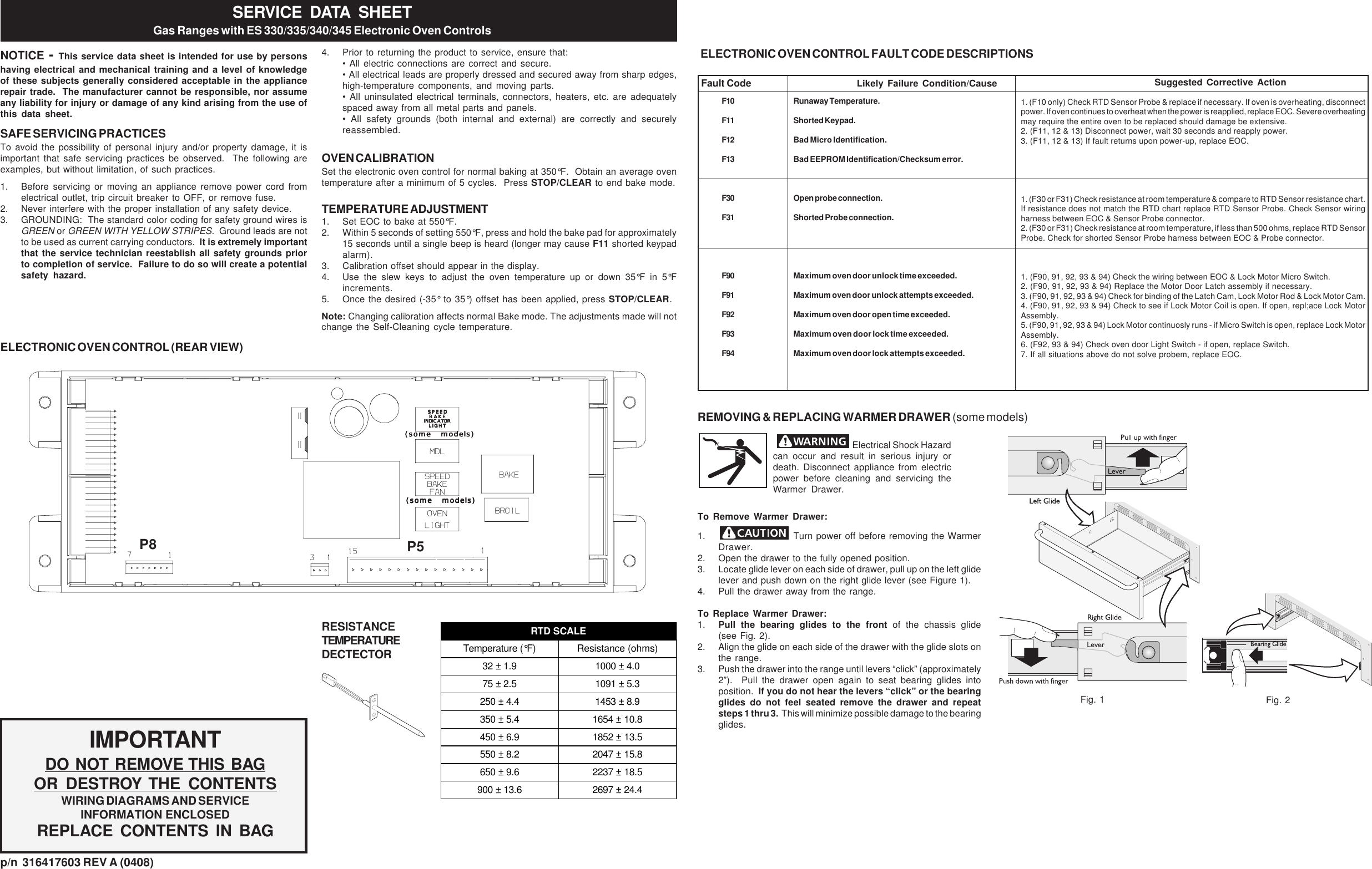 Page 1 of 2 - 316417603_0408.p65  Kenmore - Frigidaire Gas Ranges With ES 330-335-340-345 Electronic Oven Controls Tech Data Sheet, 0