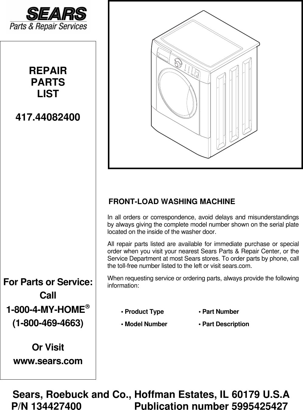 User Manual Sears Front Load Washer 417.44082400