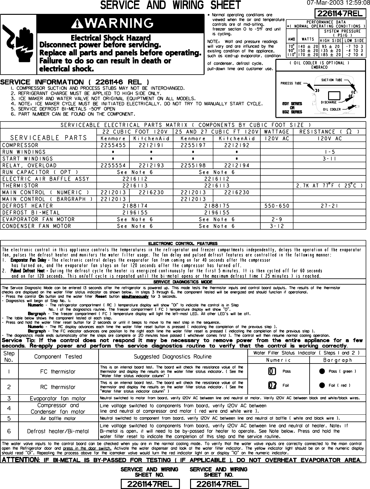 Page 1 of 2 - LIT-SERVICE AND WIRING SHEET  Kenmore Ref - 106-55522400 2261147