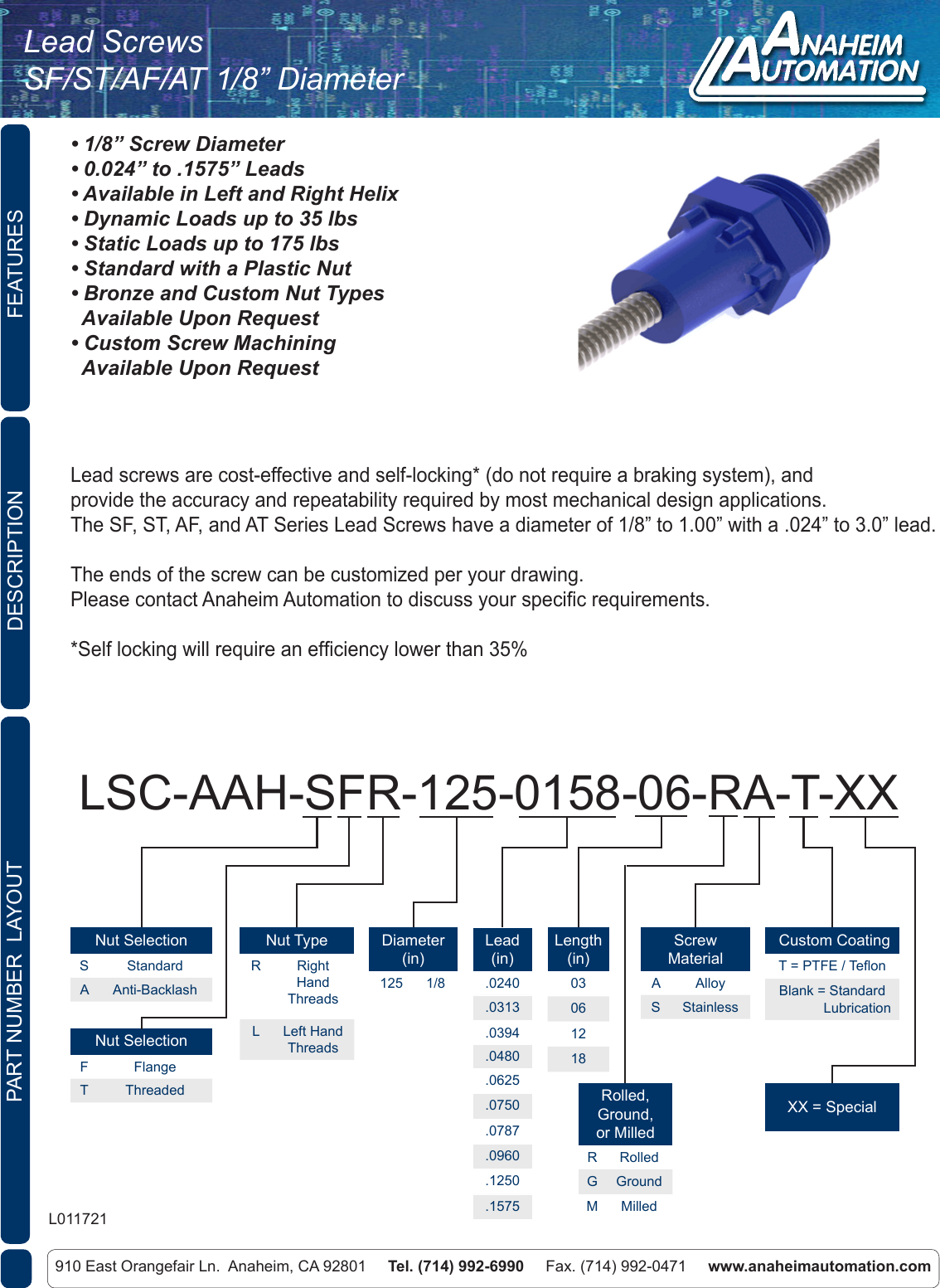 L011721 Helix Lead Screw 0.125 Inch Spec Sheet