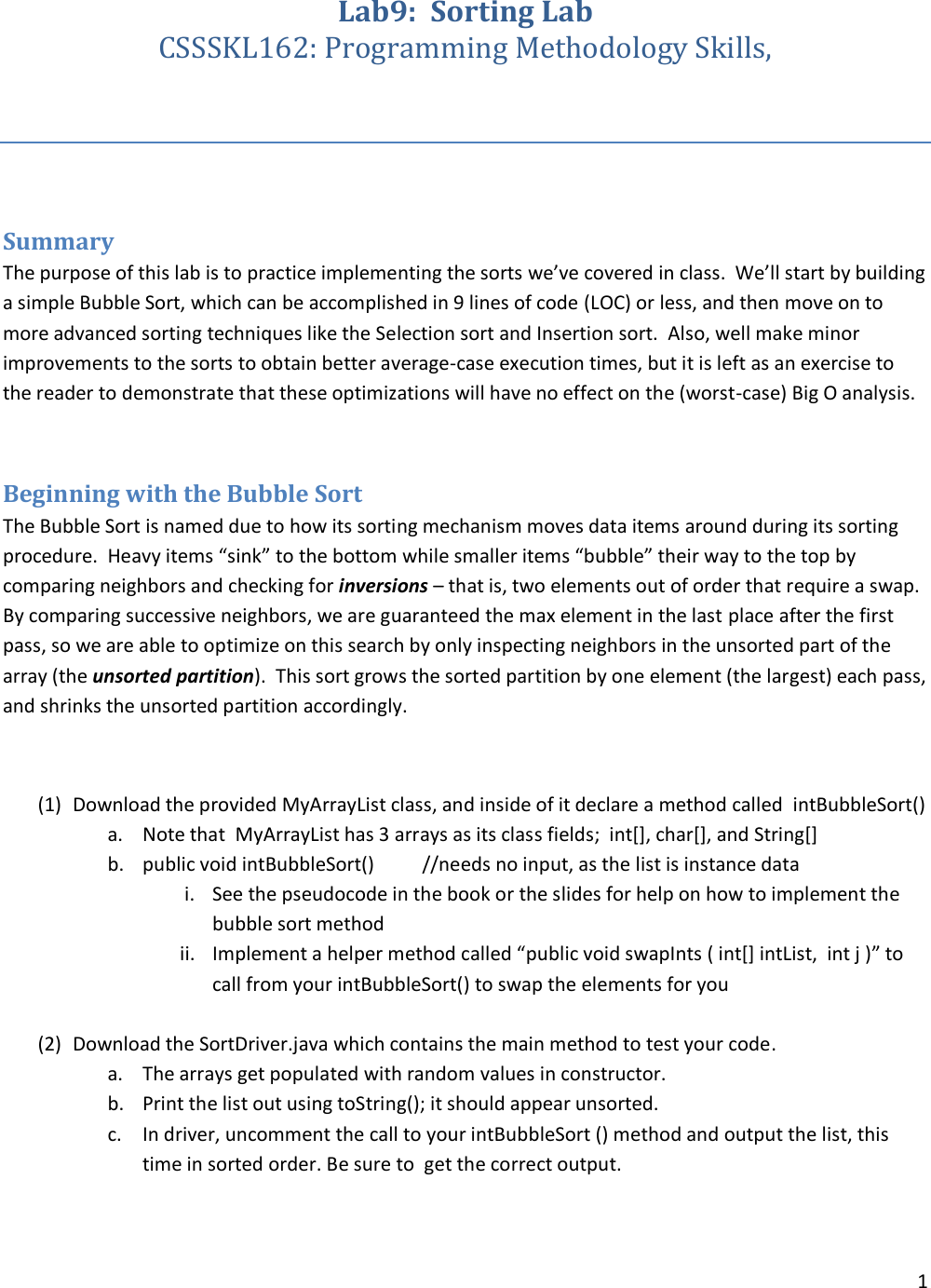 Page 1 of 4 - Lab9-Sorting Lab-Student Guide