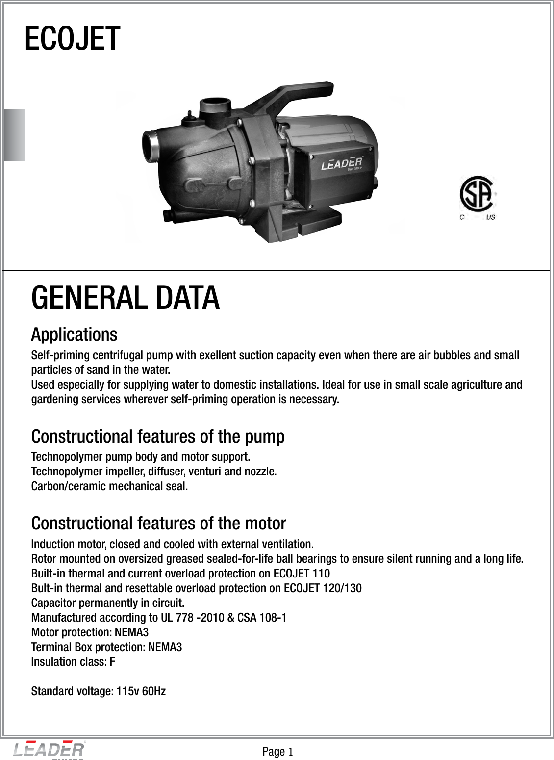 Page 1 of 4 - Leader-Ecojet-Pumps Data-Sheet