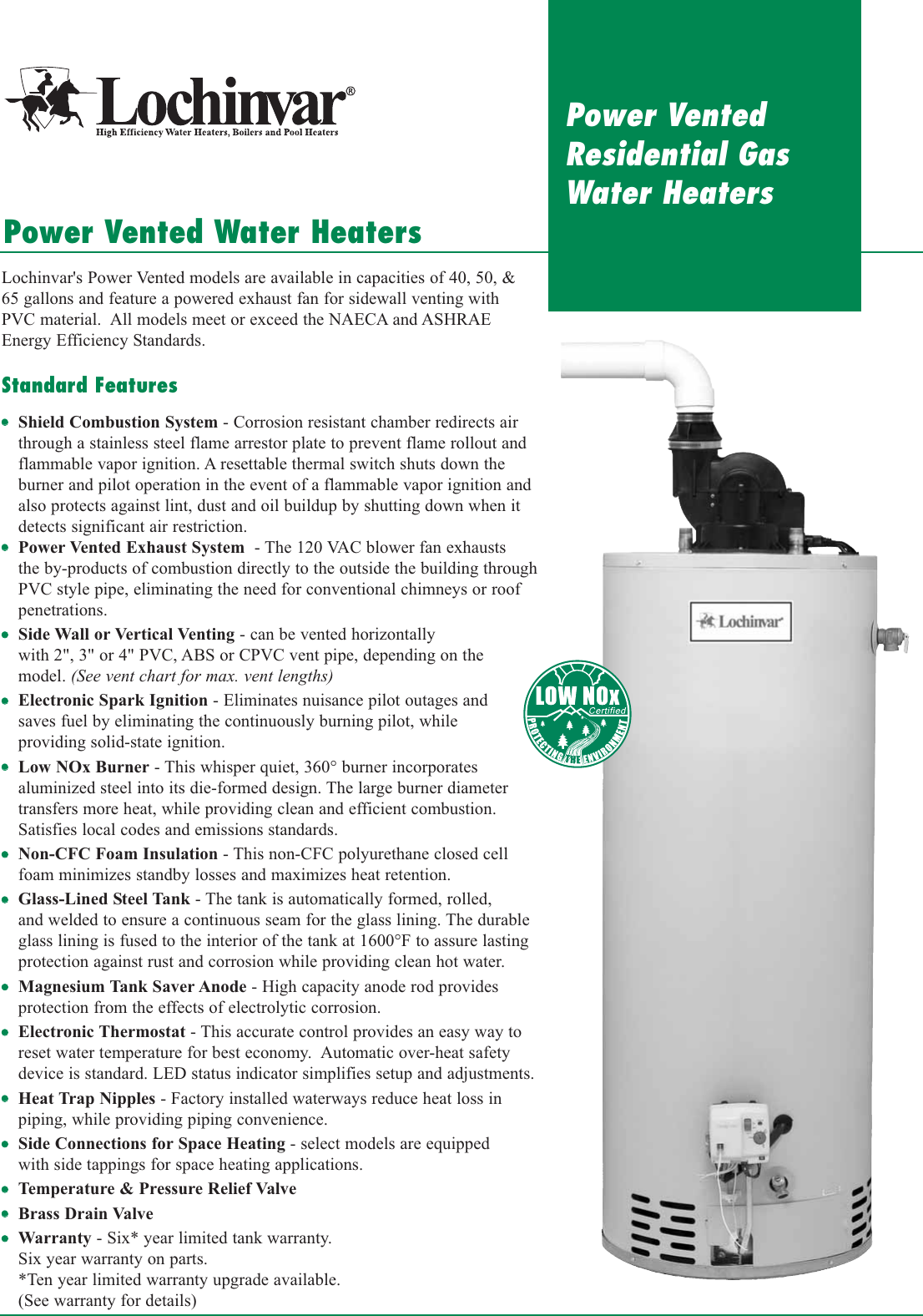 Page 1 of 2 - Lochinvar Power Vent Residential Water Heater Tech Sheet