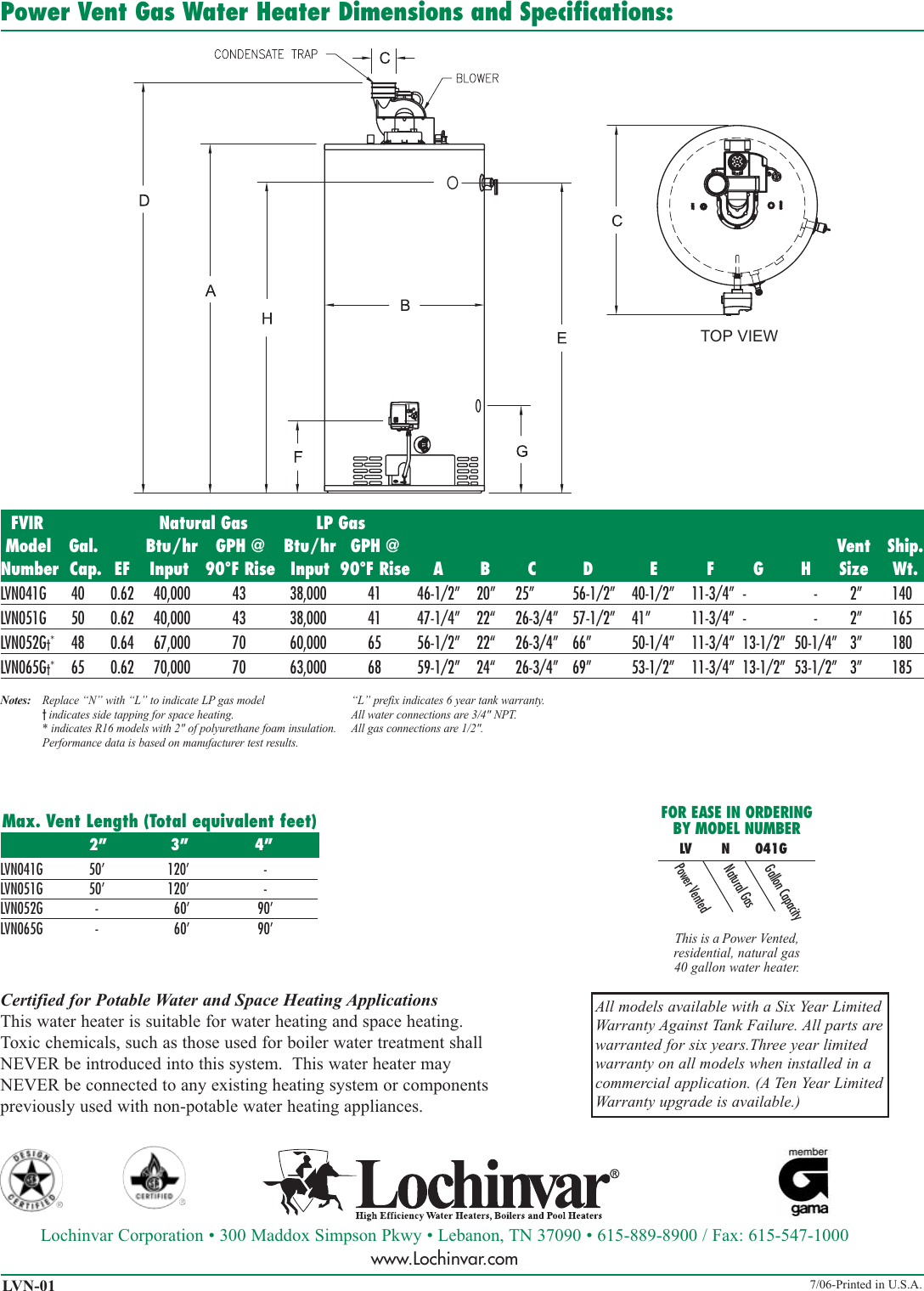 Page 2 of 2 - Lochinvar Power Vent Residential Water Heater Tech Sheet