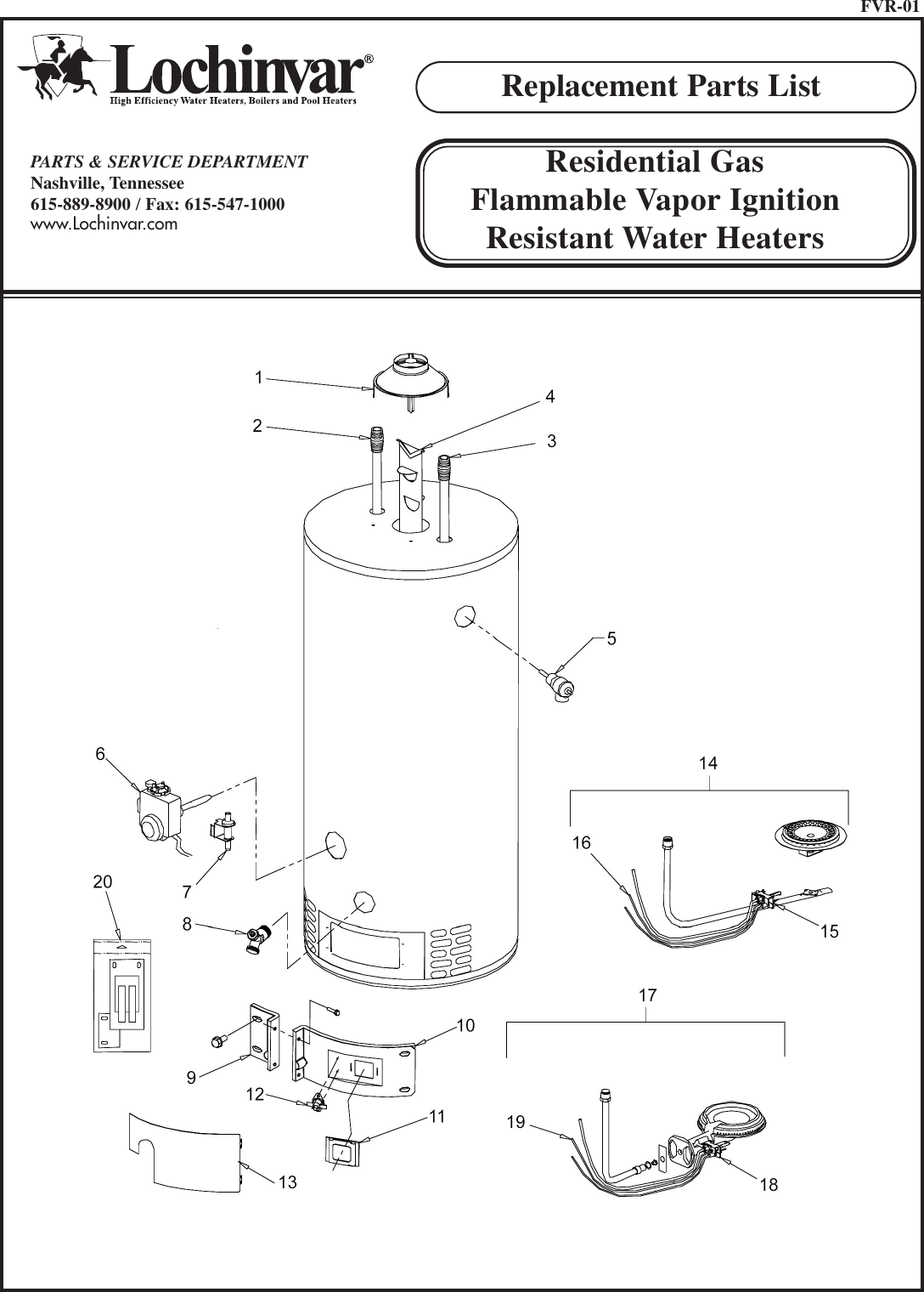 Page 1 of 2 - FVR-01  Lochinvar Replacement Parts List Residential Gas FVIR