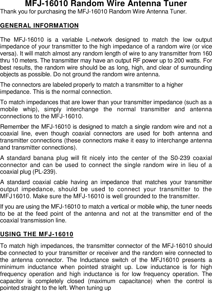 Page 1 of 2 - MFJ--16010 Random Wire Antenna Tuner