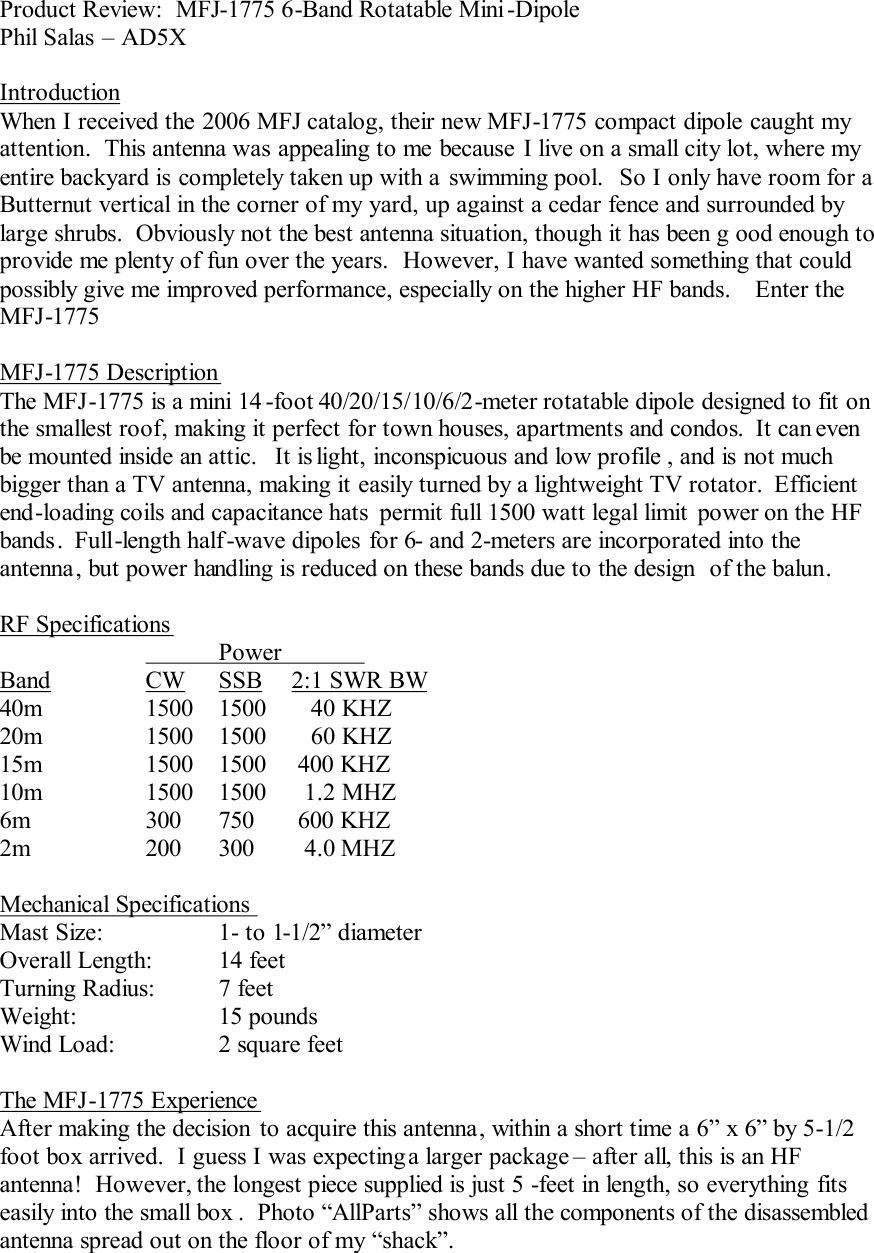 Page 1 of 5 - Product Review MFJ--1775-Rotating-mini-dipole-Review