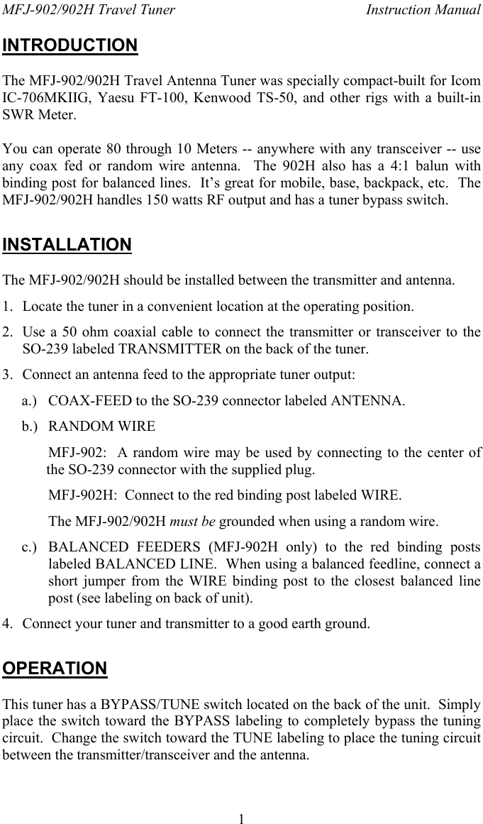 Page 1 of 4 - 902-902H_0 MFJ--902-902H Travel Tuner