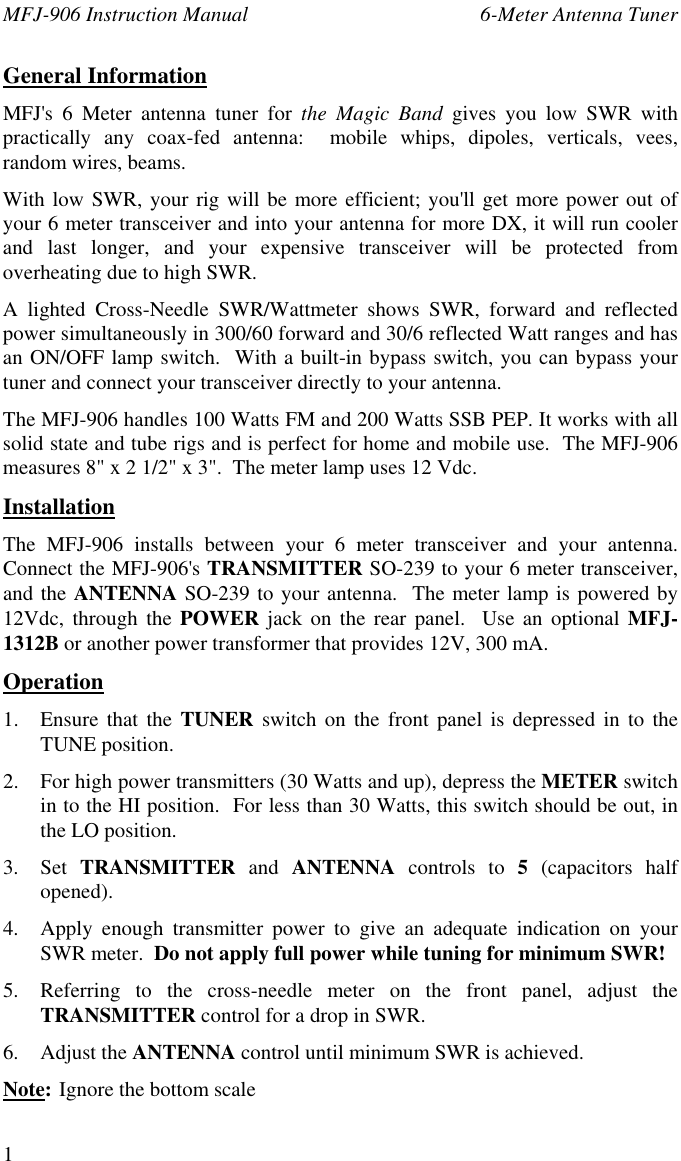 Page 1 of 6 - MFJ-906_v1a MFJ--906-6-Meter-Antenna-Tuner