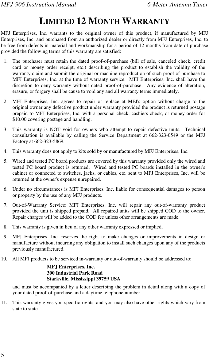 Page 5 of 6 - MFJ-906_v1a MFJ--906-6-Meter-Antenna-Tuner
