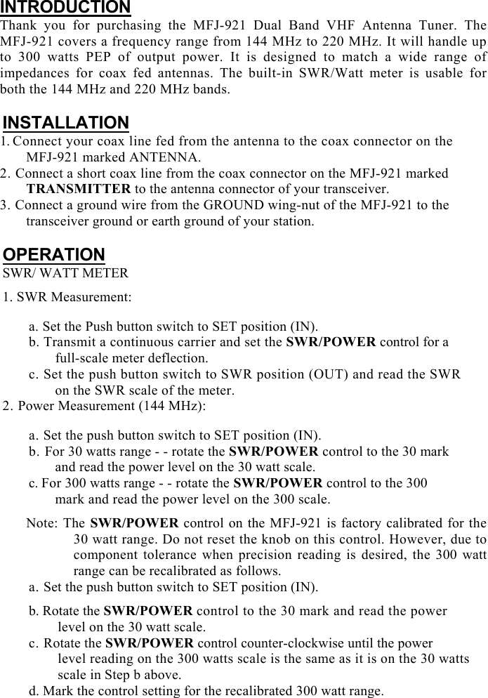 Page 1 of 2 - MFJ--921-Dual Band VHF Antenna Tuner