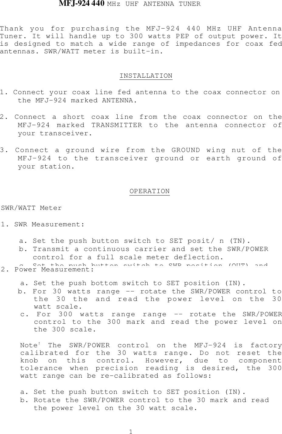 Page 1 of 2 - MFJ-924 MFJ--924- UHF ANTENNA TUNER