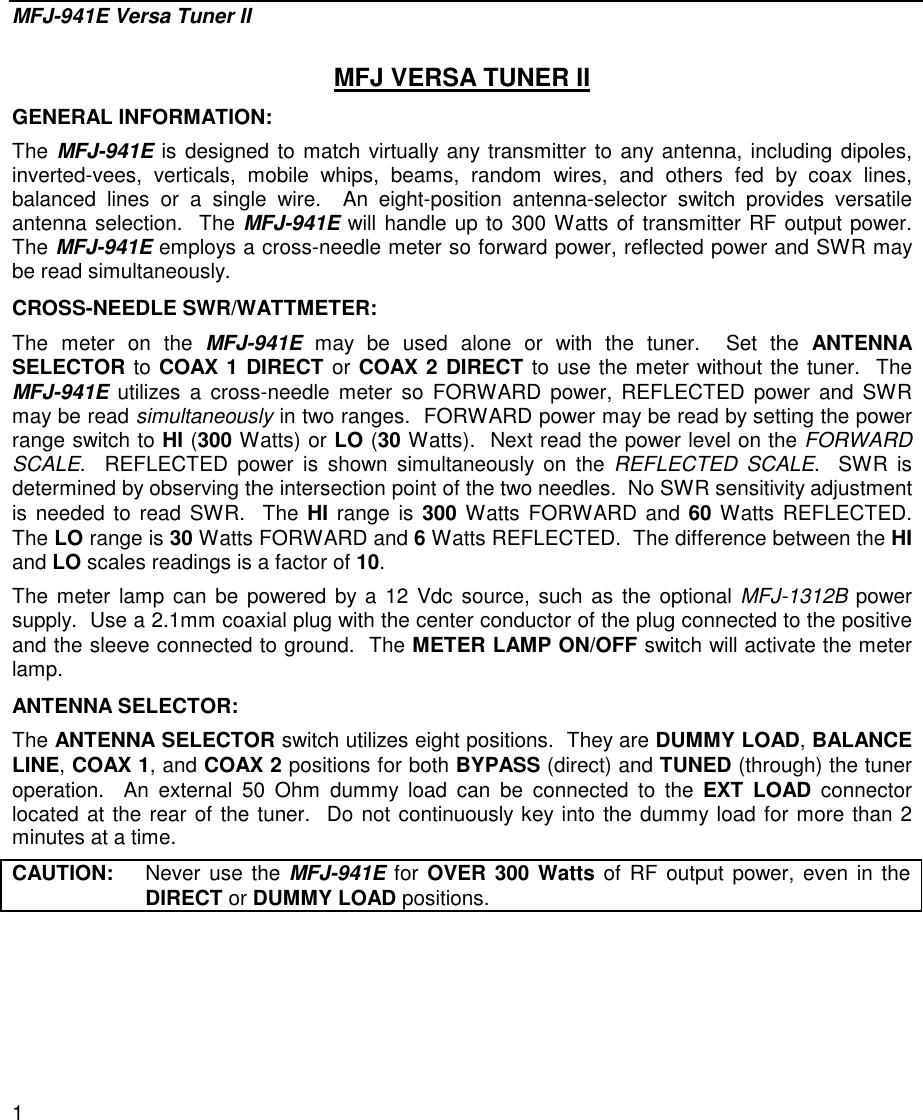 Page 1 of 6 - MFJ- Versa Tuner II MFJ--941E