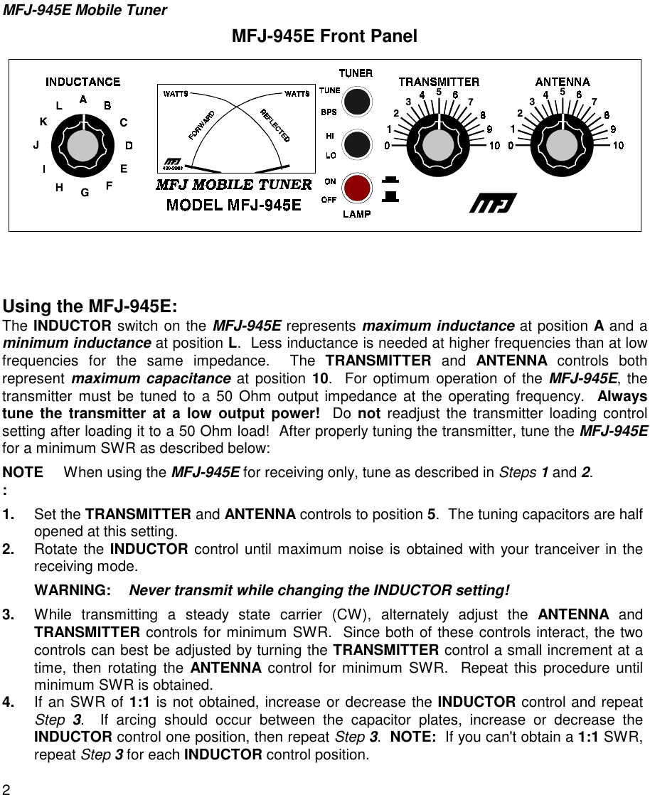 Page 2 of 5 - MFJ-945E MOBILE TUNER. MFJ--945E--Antenna Tuner-Manual