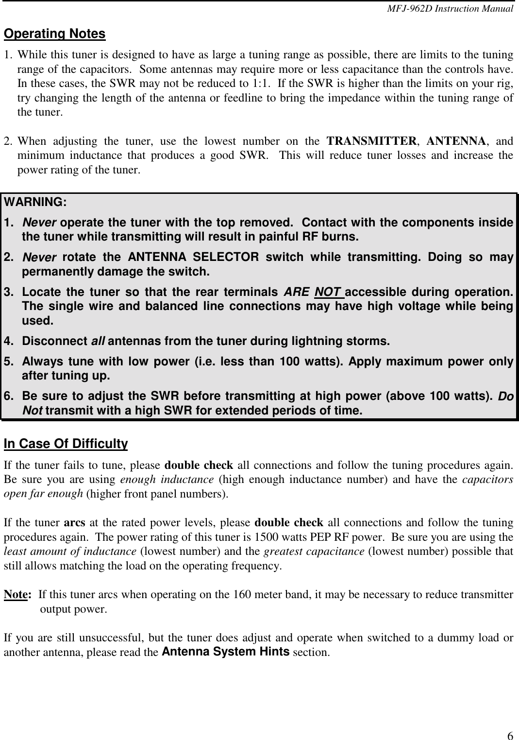 Page 6 of 10 - MFJ-962D MFJ--962D Instruction Manual