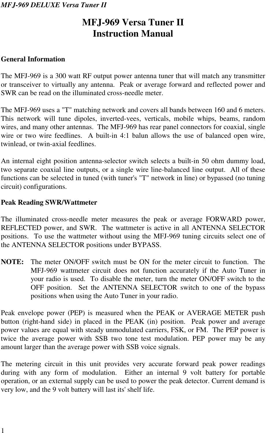 Page 1 of 10 - MFJ-969 Deluxe Versa Tuner II MFJ--969--Antenna Tuner-Manual