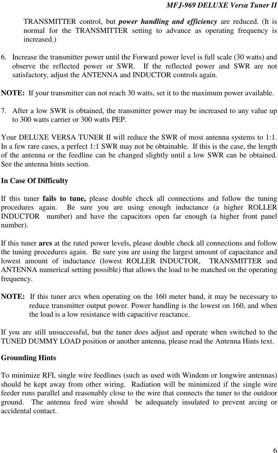 Page 6 of 10 - MFJ-969 Deluxe Versa Tuner II MFJ--969--Antenna Tuner-Manual