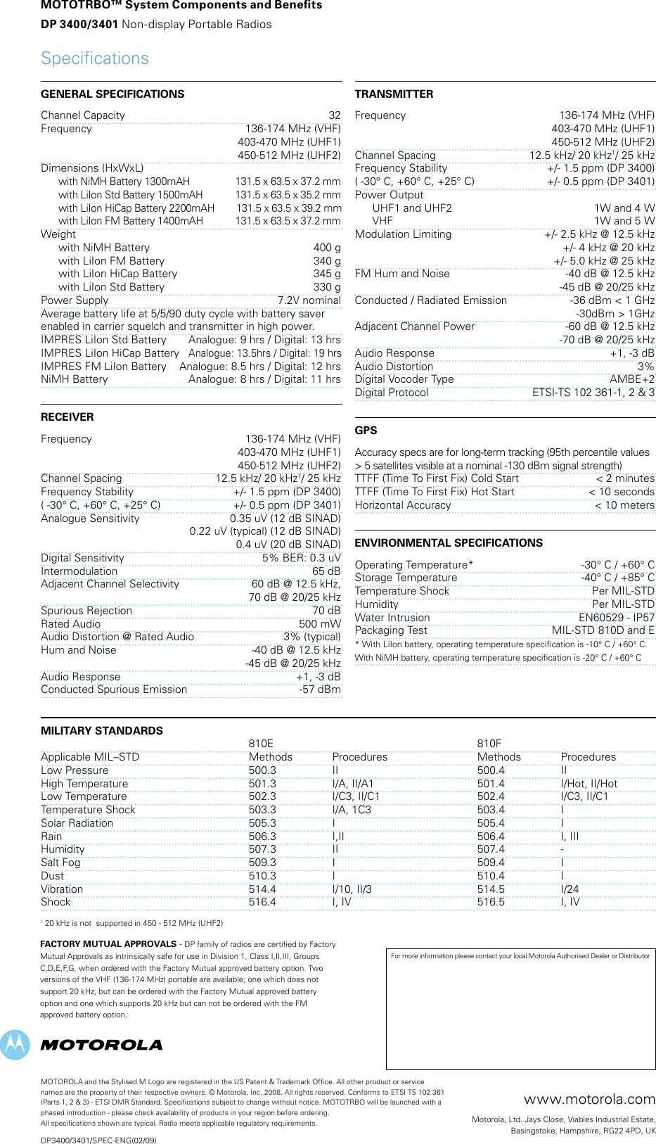 Dp 3400 3401 Specifications Motorola Mototrbo 3400 3401 Spec Sheet