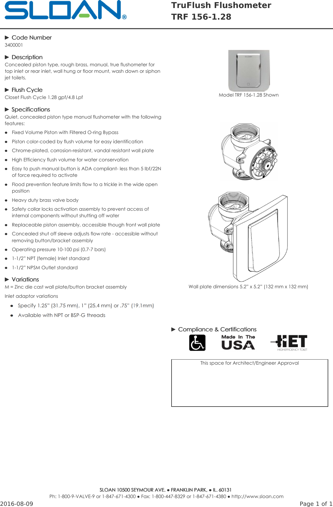 Page 1 of 1 - Sloan Product Specification  Manualf-trf-technical-sheet-703430001