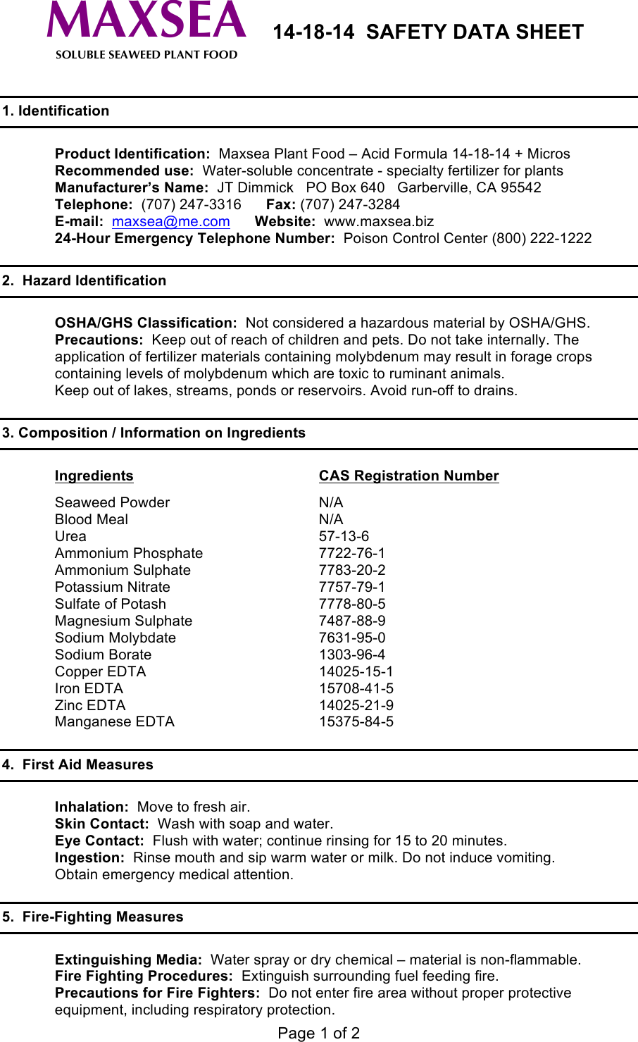 Page 1 of 2 - Maxsea-Acid SDS