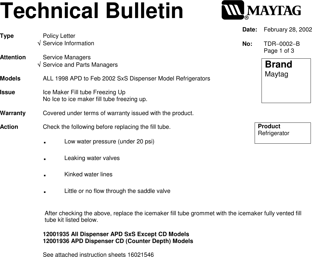 Page 1 of 1 - TDR-0002-B  Maytag - Bulletin Ice Maker Fill Tube Freeze-Up