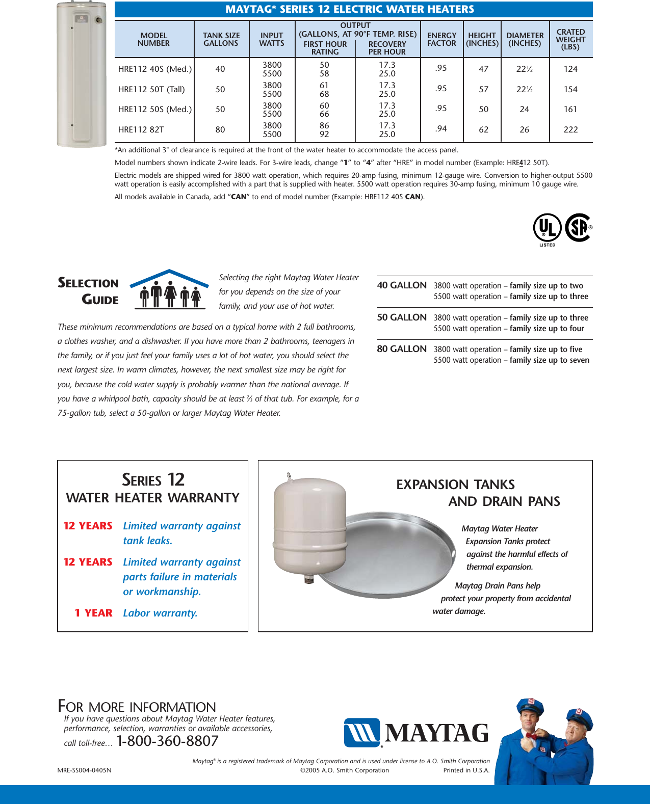 Page 2 of 2 - MRE-SS004-0405N Maytag Spec Sheets Residential Electric Water Heater