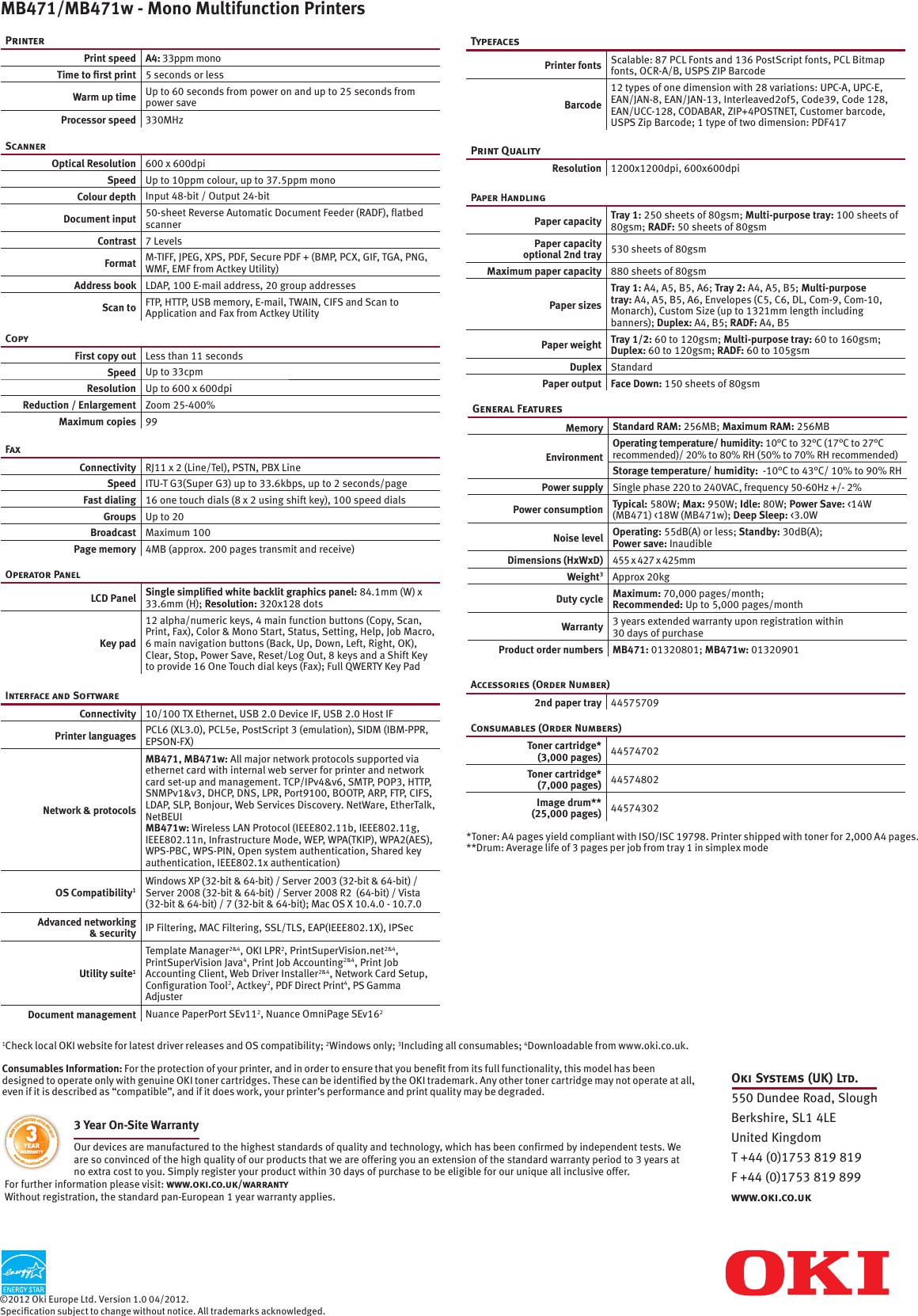 Page 1 of 2 - Mb471Dnw MB471_OSUK_Specification_sheet User Manual