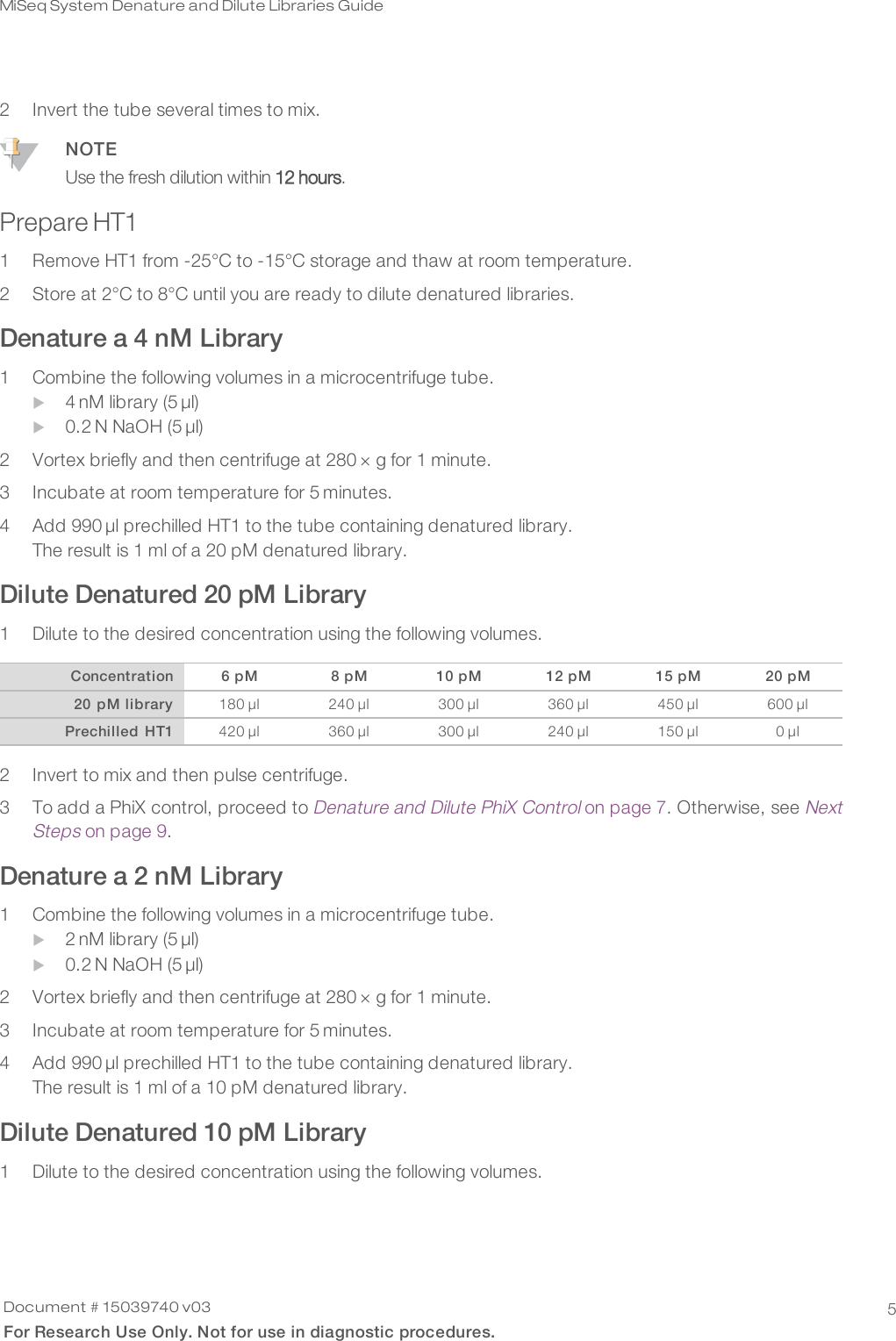 Page 5 of 11 - MiSeq System Denature And Dilute Libraries Guide (15039740) Mi Seq (15039740 V03)