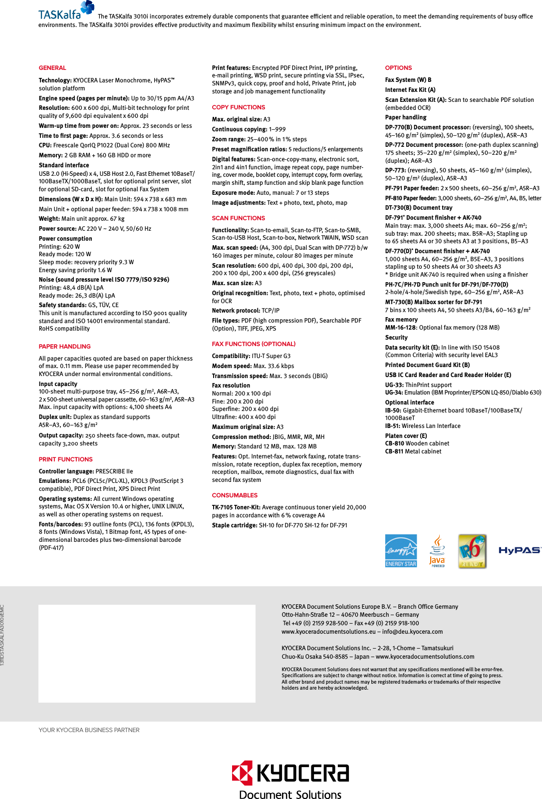Page 2 of 2 - Msalfa3010I KYOCERA Taskalfa 3010i Data Sheet User Manual