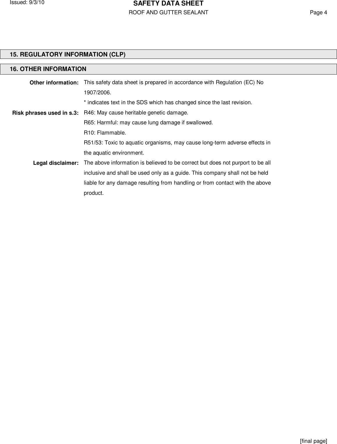 Page 4 of 4 - MSDS Roof And Gutter Sealant
