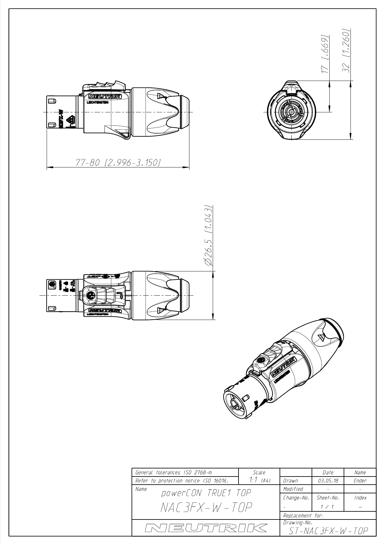 I NAC3FX W TOP Neutrik Technical Drawing EN
